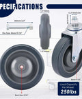 Heavy Duty 5 Inch Shopping Cart Wheels 4 Pack Polyurethane Rollers With Secure Axle Bolts specifications and measurements