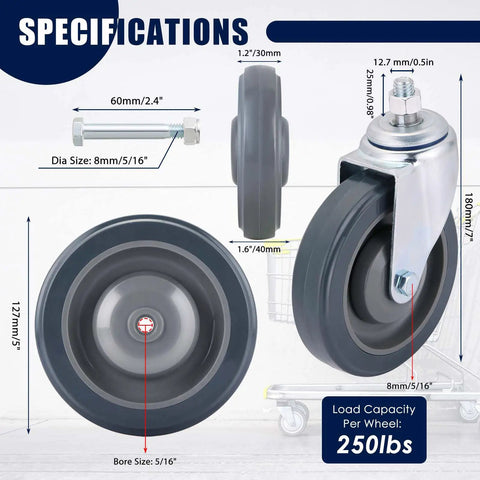 Heavy Duty 5 Inch Shopping Cart Wheels 4 Pack Polyurethane Rollers With Secure Axle Bolts specifications and measurements