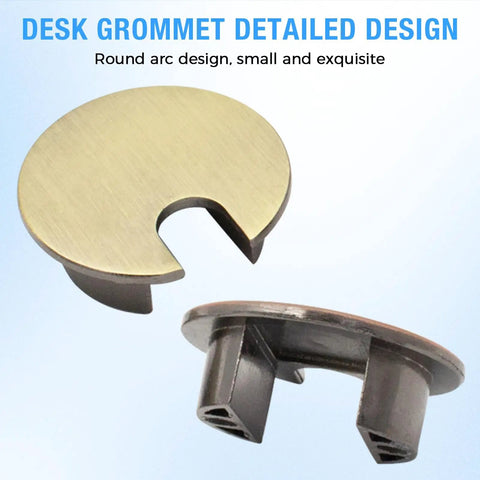 Set Of Two Bronze Desk Grommets Straight Up Sturdy Zinc Alloy Cable Management Covers showing round design and fitting detail.