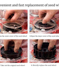 Instructional guide for replacing seed wheel in Hand Push Garden Roller Seeder Dispenser Spreader For Terraced Farms And Home Gardens.