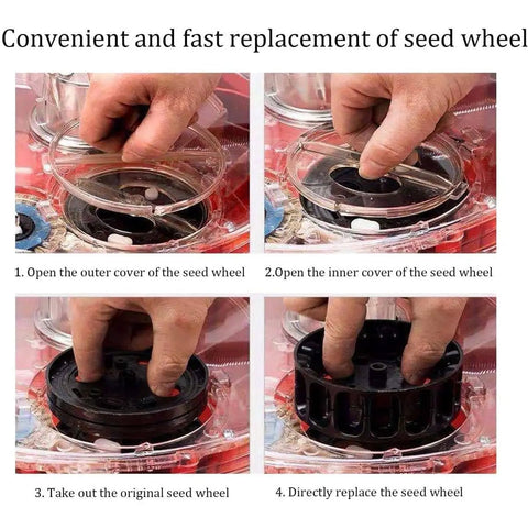 Instructional guide for replacing seed wheel in Hand Push Garden Roller Seeder Dispenser Spreader For Terraced Farms And Home Gardens.