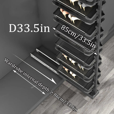 Diagram of Slick Pull Out Shoe Rack For Mounted Closet With 17 Tier Adjustable Metal Shelves That Expand 33.5 Inches Deep