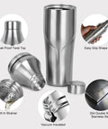 Boss Level Heavy Duty Double Wall Vacuum Insulated Cocktail Shaker Bottle with built-in strainer and leak-proof twist top.