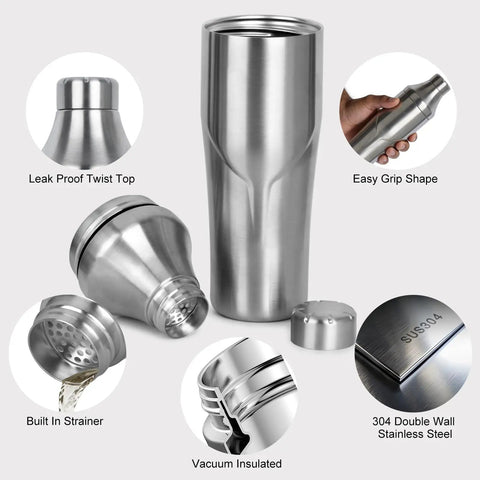 Boss Level Heavy Duty Double Wall Vacuum Insulated Cocktail Shaker Bottle with built-in strainer and leak-proof twist top.