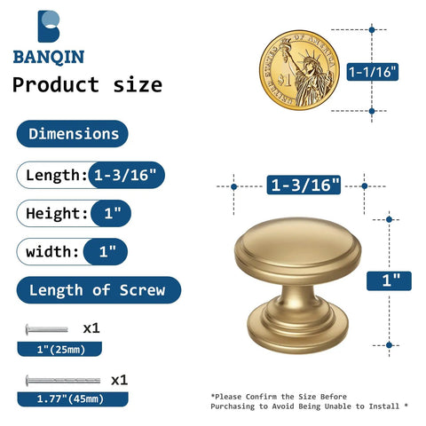 Product dimensions next to a 10 Pack Champagne Bronze Cabinet Knobs One And Three Sixteenths Inch Round Zinc Alloy Dresser Drawer Knobs With Wide Base Built Tough For Kitchen Bedroom And Bathroom, shown with a U.S. quarter for size comparison.