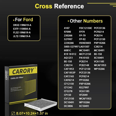 Ford Cabin Air Filter With Activated Carbon Keeps Your Ride Fresh For F-150 2015-2025 packaging and cross-reference numbers