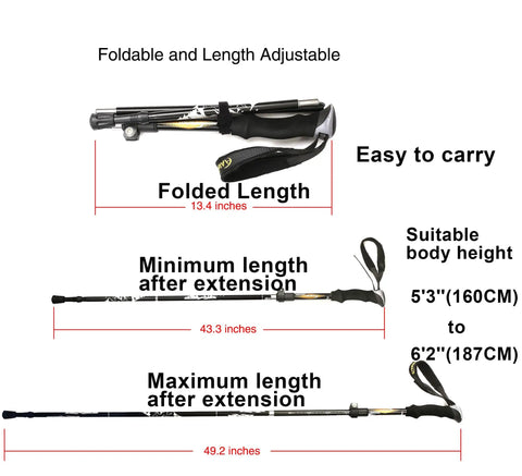 Ultralight Collapsible Trekking Pole With EVA Foam Handle And Wrist Strap For Men And Women, 49 Inch Length Folds To 14.1 Inches