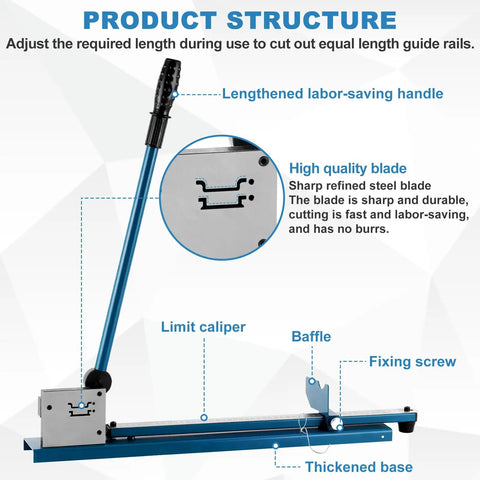 Heavy Duty Pro Grade DIN Rail Cutter With Built In Ruler showing handle and blade details for cutting steel and aluminum rails