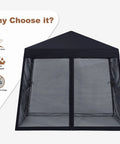 Effortless Pop Up Gazebo Canopy With Mosquito Netting 10x10 Black for Quick Setup shown from front with mesh netting closed.