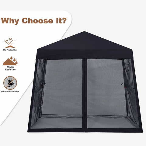 Effortless Pop Up Gazebo Canopy With Mosquito Netting 10x10 Black for Quick Setup shown from front with mesh netting closed.