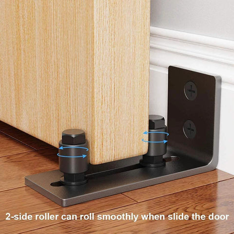 Black Floor Guide And Bottom Wall Guide Set For Barn Doors With Flush Design Flat Bottom Stay Roller installed on wood floor