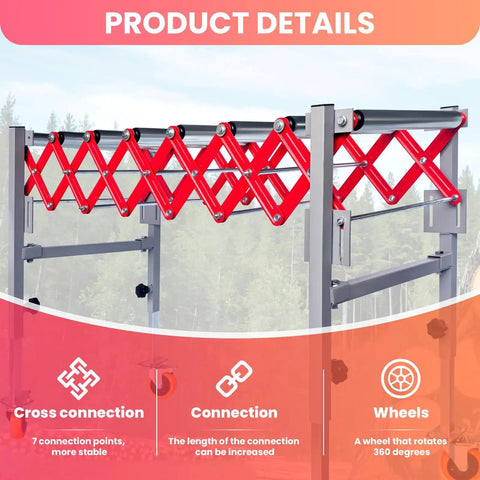 Heavy Duty Expandable Conveyor Roller With 600 Lbs Capacity And Portable Flexible Folding Design Plus Locking Swivel Casters showing red scissor lift connections.