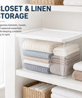 Super Spacious 58 Quart Clear Storage Bins With Easy Snap Lids Heavy Duty Stackable Plastic Organizer Boxes For Closet And Pantry Total Game Changer Vibe with neatly stacked towels.