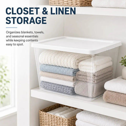 Super Spacious 58 Quart Clear Storage Bins With Easy Snap Lids Heavy Duty Stackable Plastic Organizer Boxes For Closet And Pantry Total Game Changer Vibe with neatly stacked towels.