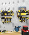 Wall Mounted Power Tool Storage Organizer Kit, Two Pack, black heavy duty wire shelves, tools organized in garage workshop
