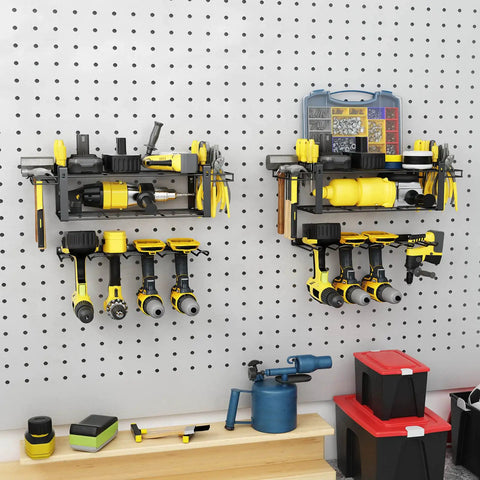 Wall Mounted Power Tool Storage Organizer Kit, Two Pack, black heavy duty wire shelves, tools organized in garage workshop