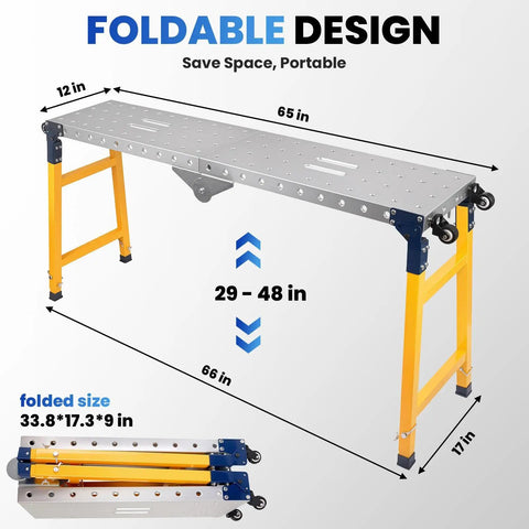 Pro Grade Folding Welding Table Built Tough With Hella Sturdy Steel Frame, Adjustable Height Workbench For Garage Shops, Features Heavy Duty Locking Casters And Massive Clamp Slots, shown in adjustable height.