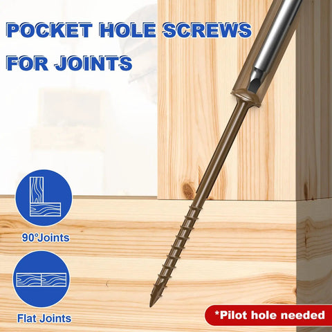1 1/4 Inch Coarse Thread Pocket Hole Screws, square drive, washer head inserted into wood, illustrated for 90° and flat joints