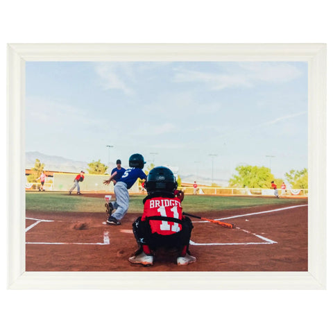Fresh White Wooden Photo Frame 8X12 Inch Ready To Hang Clean Wall Decor With Crystal Clear Glass Sturdy Backing and Super Snappy Setup for your favorite prints and small posters featuring a child playing baseball.