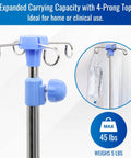 Heavy Duty Stainless Steel Rolling IV Pole Stand With Built Tough Four Prong Holders And Quick Glide Casters For No Fuss Room To Room Movement Plus Straightforward Height Adjustments, showing 4-prong top and plumbing. Ideal for clinical use.