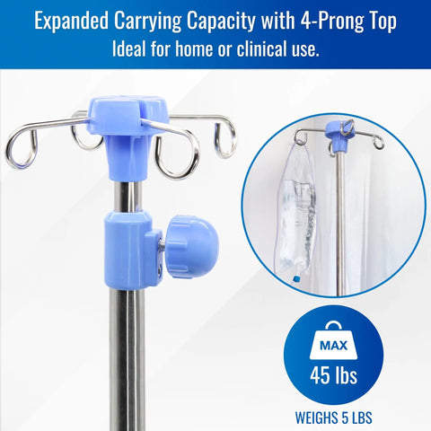 Heavy Duty Stainless Steel Rolling IV Pole Stand With Built Tough Four Prong Holders And Quick Glide Casters For No Fuss Room To Room Movement Plus Straightforward Height Adjustments, showing 4-prong top and plumbing. Ideal for clinical use.