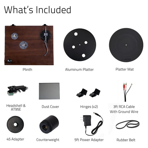 Elite High Fidelity Vinyl Turntable With Audio Technica AT95E Cartridge Belt Drive Built In Preamp Adjustable Counterweight High Mass Walnut MDF Plinth For Rich Analog Listening And Studio Quality Sound accessories set: plinth, platter, dust cover, cables