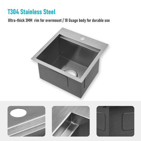 Prep Ready 15 Inch Workstation Sink Drop In Or Undermount 15x15 Inch Single Bowl 18 Gauge Stainless Steel with T304 material
