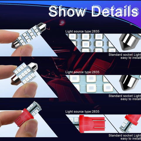Close-up view of 24 Piece LED Interior Car Light Kit with Dome, Map, and License Plate Lights, T10 31mm 42mm Bulbs, showing details.