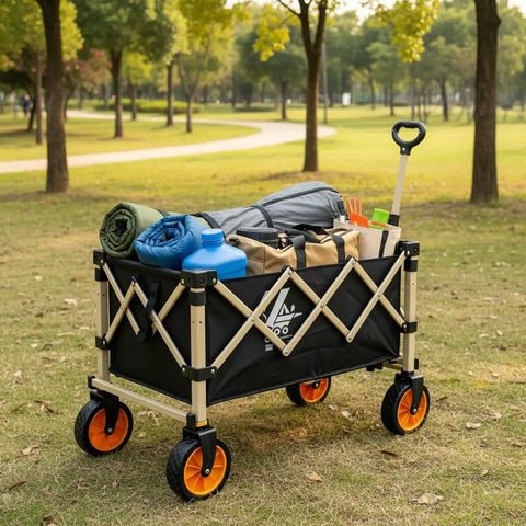 Heavy Duty Outdoor Folding Utility Wagon With 125 Liter Capacity And 600D Oxford Zero Hassle Folding Design shown filled with gear in a park.