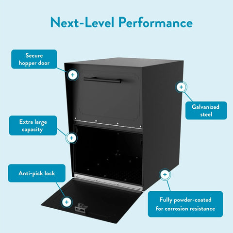 Heavy Duty Outdoor Package Drop Box With Locking Door In Black XL Steel, open view showing secure hopper and anti-pick lock features.