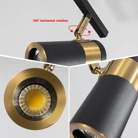 Close-up of Three Light Black Track Lighting With Rotatable Heads GU10 Ceiling Spotlights showing 350° rotation feature.