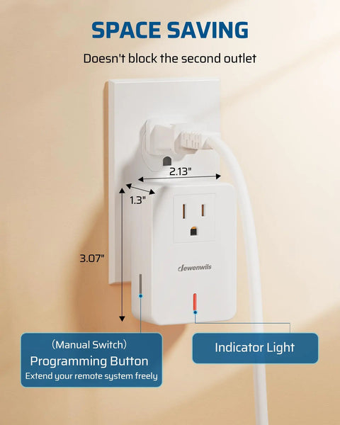 Remote Control Outlet And Wireless Wall Mounted Light Switch For Lamps Fans And Household Appliances No Wiring Needed Plug In Power Switch 100 Feet RF Range ETL Listed Programmable Detachable Wall Mount showing dimensions and features.