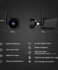 Front and side view of outdoor WiFi security camera with 1080p HD video and night vision, remote app control, easy setup for smart home