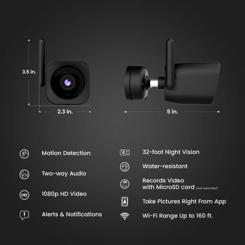 Front and side view of outdoor WiFi security camera with 1080p HD video and night vision, remote app control, easy setup for smart home