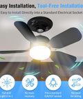 20 Inch Ceiling Fan Light With Remote showing easy installation into E26 socket and bright light, ideal for small spaces.