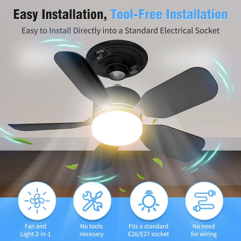 20 Inch Ceiling Fan Light With Remote showing easy installation into E26 socket and bright light, ideal for small spaces.