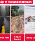 Different road conditions including paved road, muddy terrain, and snowy landscape showcasing adaptability for Heavy Duty 12 Piece Adjustable Snow Chains For Cars And Trucks Rust Free Plastic Tire Traction Straps No Sweat Setup Winter Grip Anti Slip Recovery Loops Ready To Roll Vibrant Orange.
