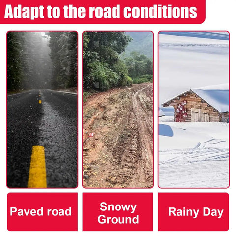 Different road conditions including paved road, muddy terrain, and snowy landscape showcasing adaptability for Heavy Duty 12 Piece Adjustable Snow Chains For Cars And Trucks Rust Free Plastic Tire Traction Straps No Sweat Setup Winter Grip Anti Slip Recovery Loops Ready To Roll Vibrant Orange.