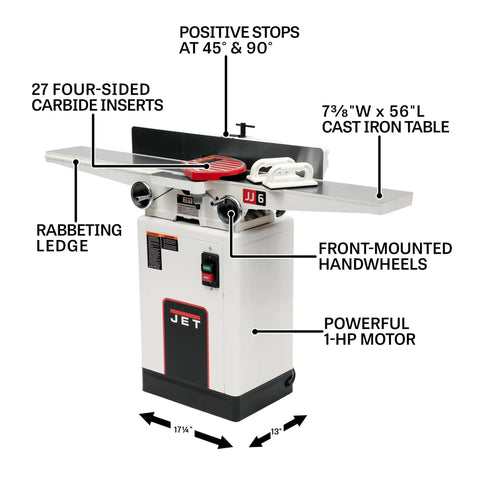 Six Inch Long Bed Jointer Featuring Helical Cutterhead And 27 Carbide Inserts Gives Dead Nuts Precision And Glassy Smooth Results Paired With Versatile Dual Voltage Hookup For That Sweet Shop Upgrade You Want with cast iron table and adjustable features.