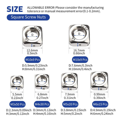 Top Grade 304 Stainless Steel Square Nuts Assortment Kit Including 139 Metric Machine Screw Nuts with sizes and measurements.