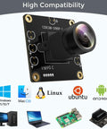Highly Straightforward Plug And Play 1080P Hd Webcam Delivers A Crisp 130 Degree Wide Angle View Uvc Native Compatibility For Mac Pc Linux Raspberry Pi And Jetson Nano Streamers, showing camera module with lens and compatibility logos.