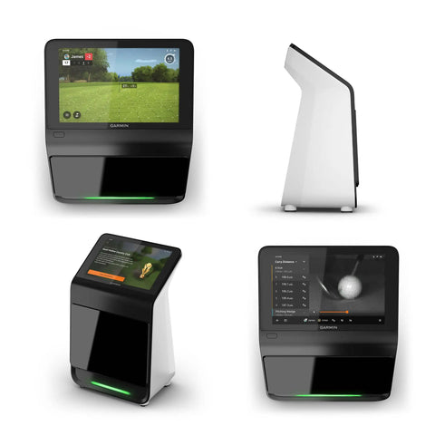 Approach R50 Golf Launch Monitor with touchscreen, side and front view showing course and ball data.