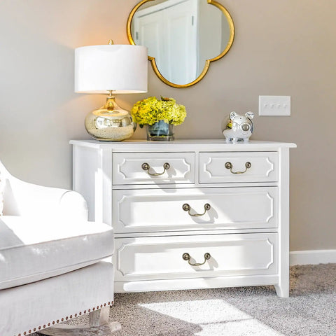 White dresser with 4-Piece Antique Bronze Drop Bail Drawer Pulls With Screws, 3.93 Inch Center To Center Swing Handles for cabinets decor