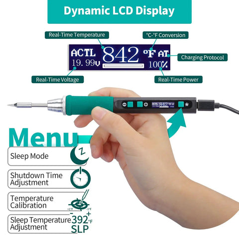 928D IV Pro Grade All In One Soldering Iron Kit With Type C Port Fast Heating C235 Cartridge shown with LCD display in hand