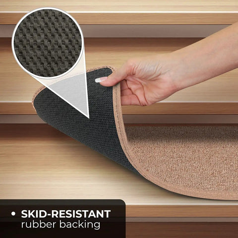 Skid-resistant rubber backing view of Set Of 15 Skid Resistant Carpet Stair Treads With Non Slip Backing In Pebble Beige 8 By 27 Inches Easy Install For Families Pets And Guests Durable Stair Safety Mats.