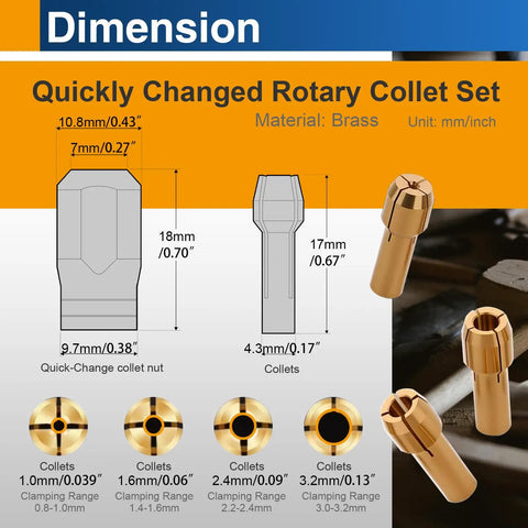Dimensions of Brass Rotary Tool Collet Set With 1mm 1.6mm 2.4mm 3.2mm Sizes 2 Pack For Precise Fit And Quick Accessory Hold