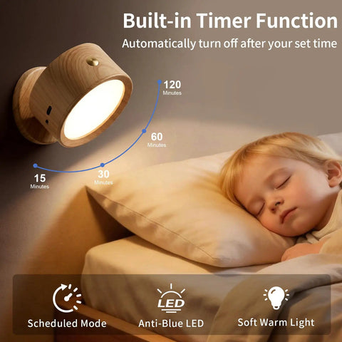 USB Rechargeable Wall Light Set Two Pack With 360 Degree Rotating Magnetic Heads Adjustable Sconce Lighting Featuring Three Color Temperatures and Stepless Dimming Remote Control For Bedroom Hallway Bedside shown with timer function over sleeping child.