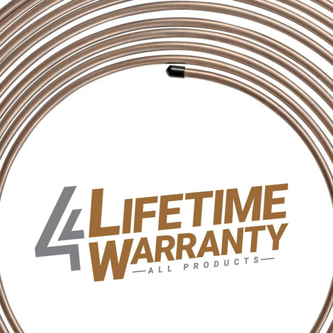Copper Nickel Brake Line Replacement Kit 3/16 x 25 ft with Inverted Flare Fittings displayed with lifetime warranty logo