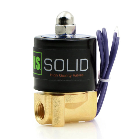 U.S. Solid 1/4-inch brass electric solenoid valve with purple wires and black coil housing