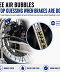 Two Pack Brake Bleeder Hose Kit for Cars and Motorcycles showing air bubbles in clear hose with one-way valve setup on wheel